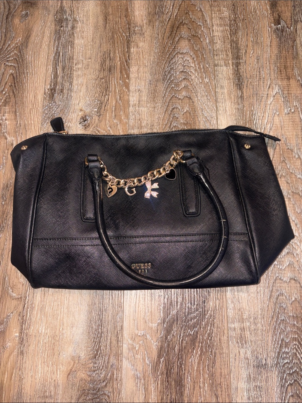 GUESS Black Tote with Gold Charm Chain
